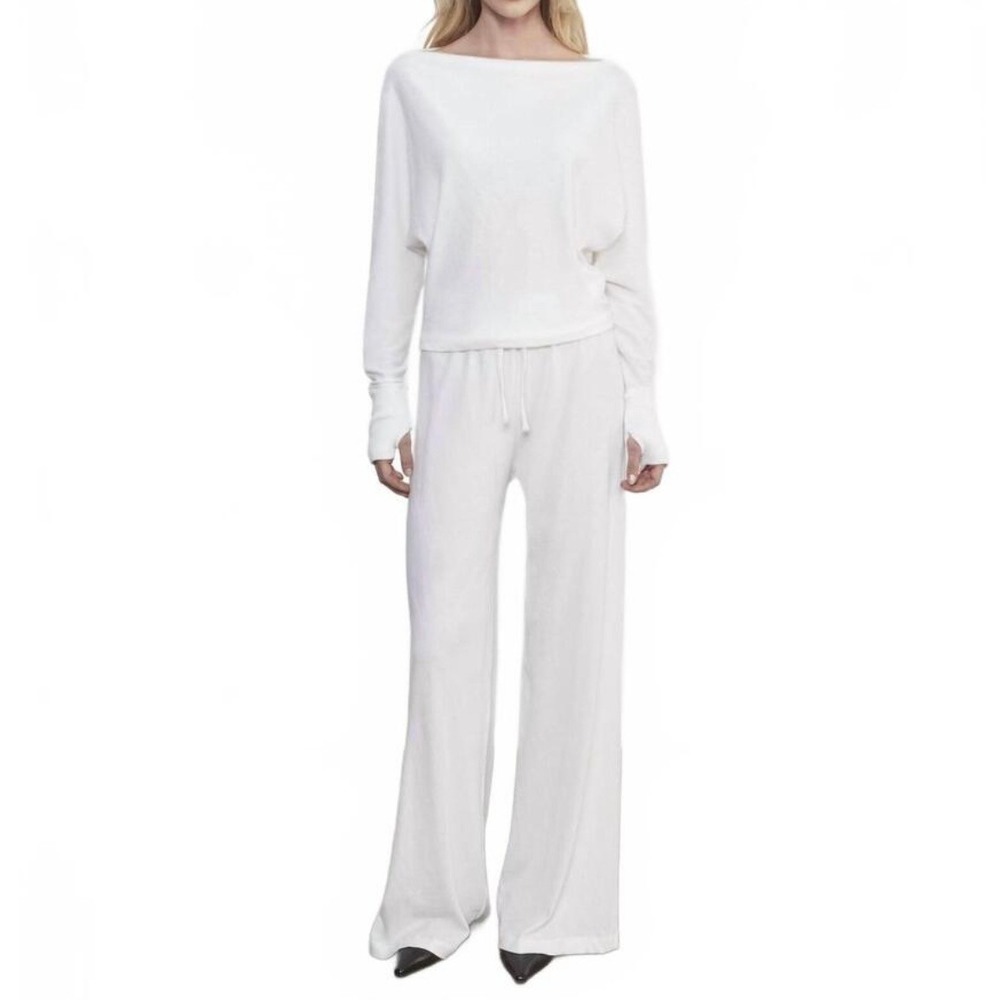 Enza Costa Cashmere Jersey Drawcord Pant Women Small White Wide Leg Loungewear